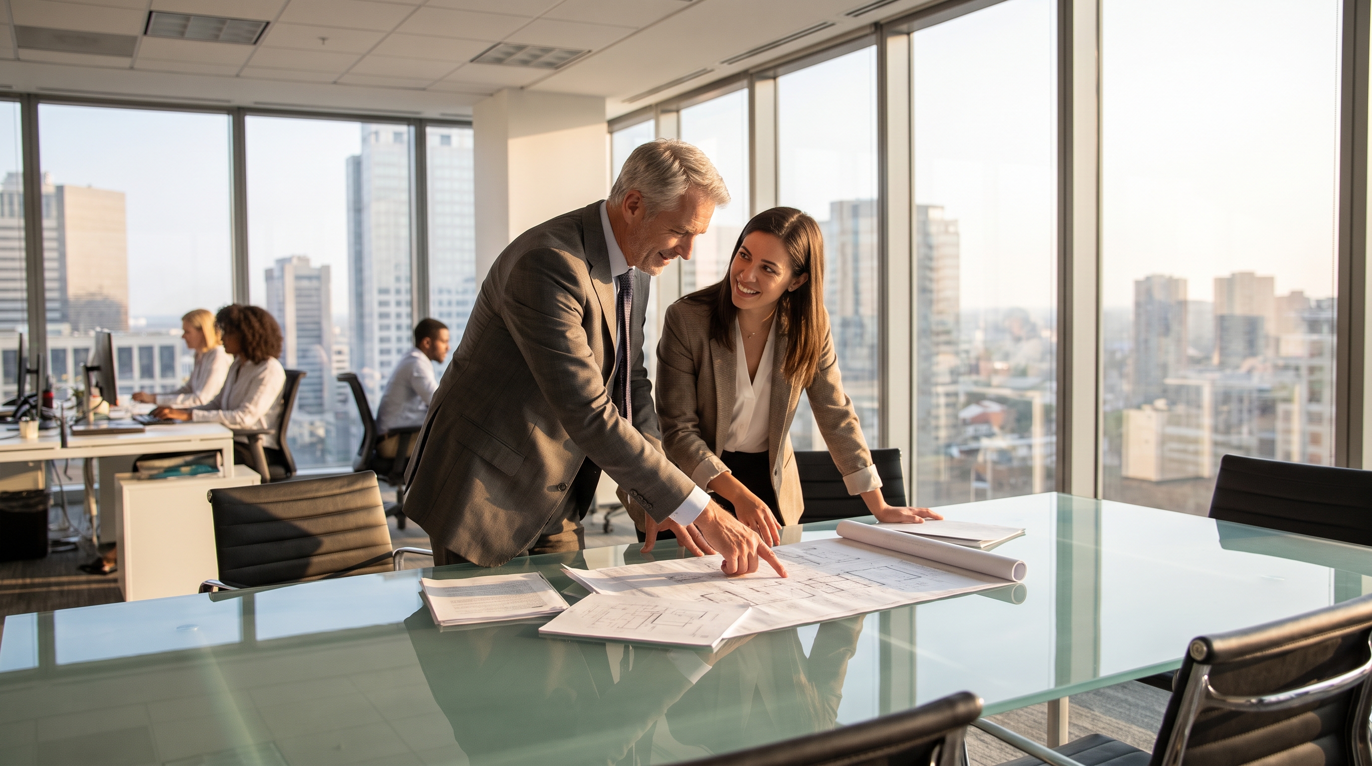 Senior executive mentoring a younger emerging leader in a modern office, reviewing strategy documents together, representing leadership development and knowledge transfer
