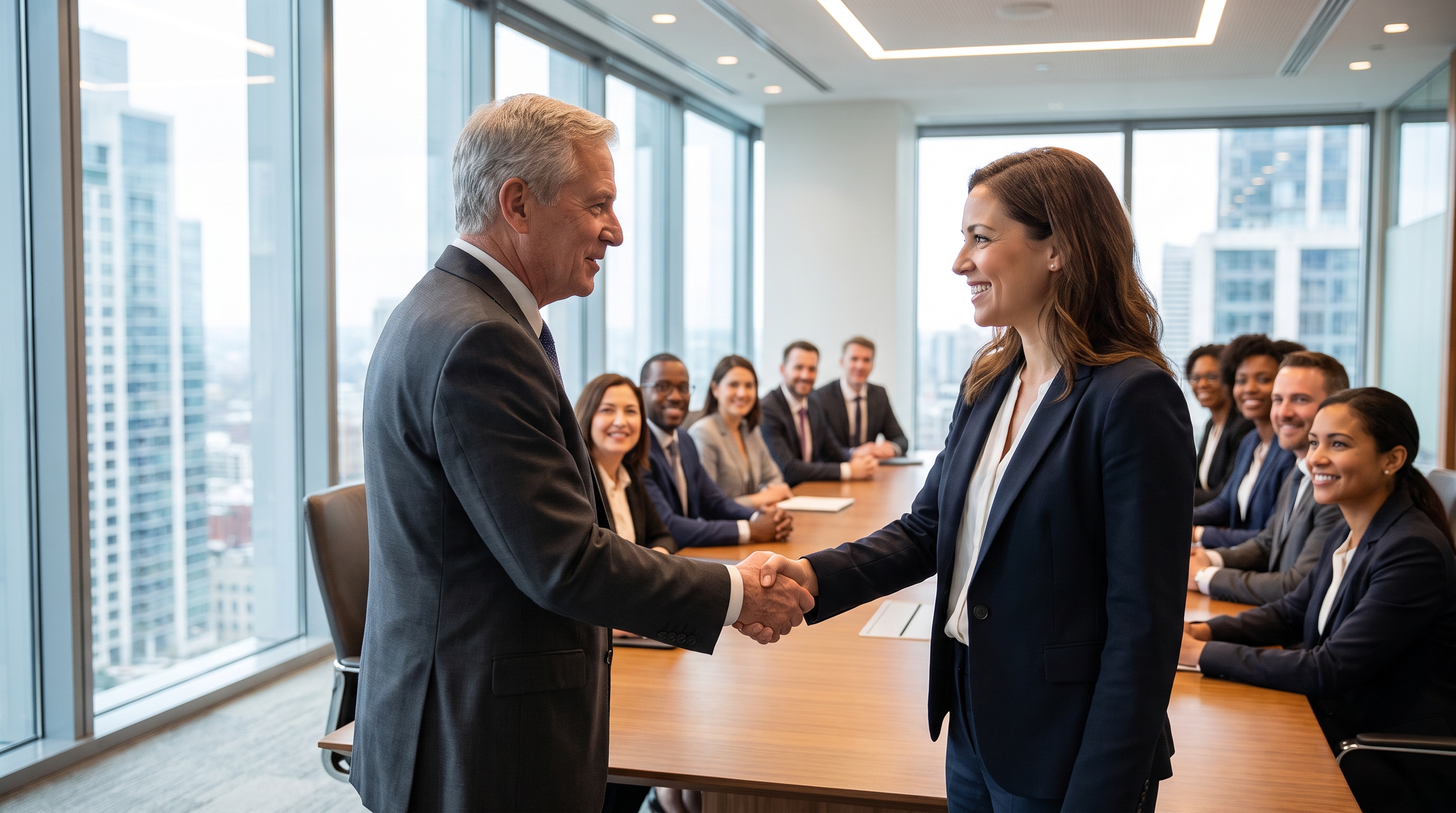 Outgoing CEO shaking hands with incoming CEO in a modern corporate office with board members in background, representing smooth leadership transition and organizational continuity