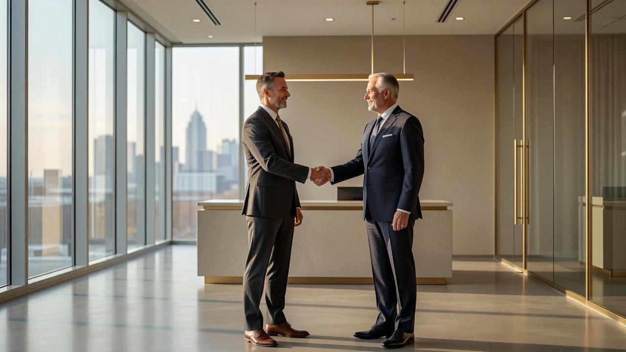Executive search consultant shaking hands with a newly placed executive in a modern office lobby